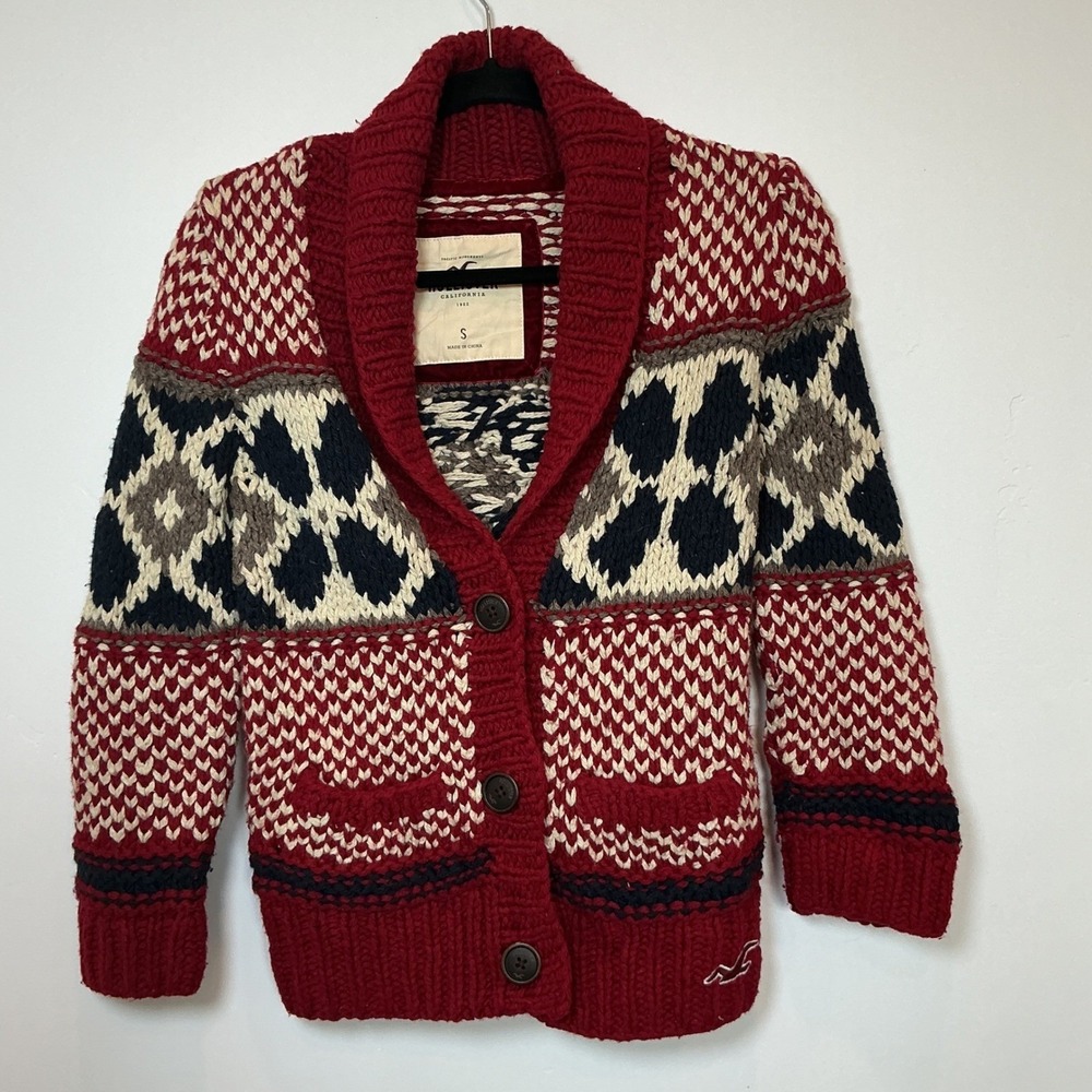 Hollister Fair Isle Shawl Collar Cardigan Mens Small Red Chunky‎ Knit Sweater